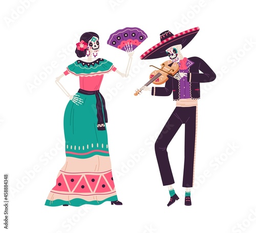 Couple of Mexican skeletons in costumes dance and play music on Day of Dead. Catrina in dress and man with skull in sombrero at Death holiday. Flat vector illustration isolated on white background