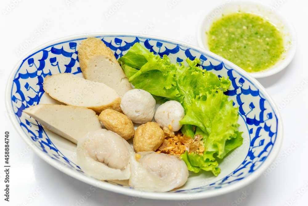 Noodles Soup with multi fish balls with white background. Asian food Noodle	
