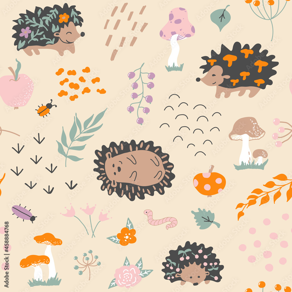 Hedgehogs pattern. Vector background. Seamless pattern with forest plants, dots, arcs, apples,  mushrooms, leaves, flowers, branches. Baby print