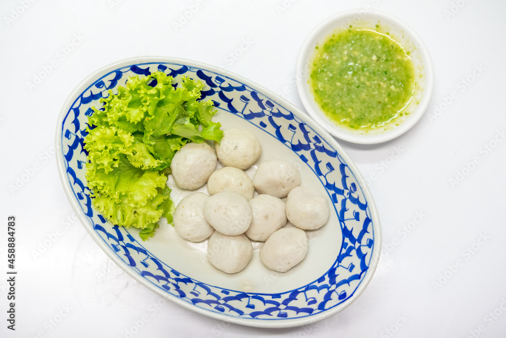 Noodles Soup with multi fish balls with white background. Asian food Noodle	
