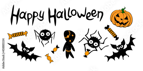 Happy Halloween. Set of traditional festive design elements and symbols - pumpkin, jack lantern, zombies,spiders, bats, candy. Simple icons and lettering in flat style, isolated