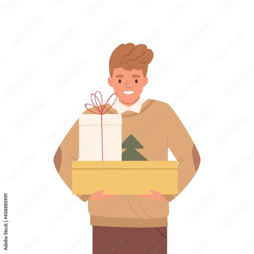 Happy person holding Christmas and New Year gift boxes. Merry man with Xmas presents in hands. Guy with packages for winter December holidays. Flat vector illustration isolated on white background Happy person holding Christmas and New Year gift boxes. Merry man with Xmas presents in hands. Guy with packages for winter December holidays. Flat vector illustration isolated on white background