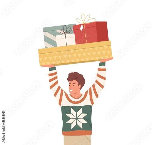 Happy person holding stack of Christmas gifts over head. Merry man with lot of Xmas and New Year present boxes in hands. Guy and many giftboxes. Flat vector illustration isolated on white background