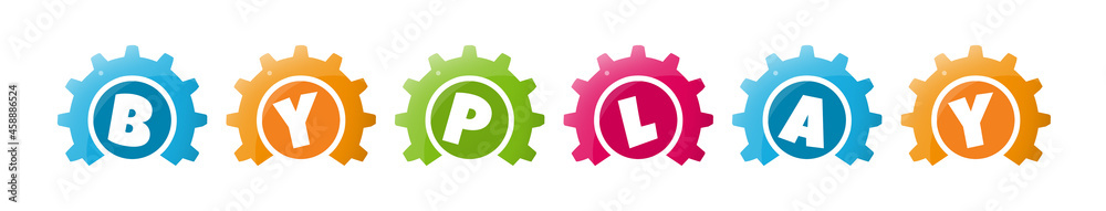 Byplay - text written inside colorful gears on white background Byplay - text written inside colorful gears on white background