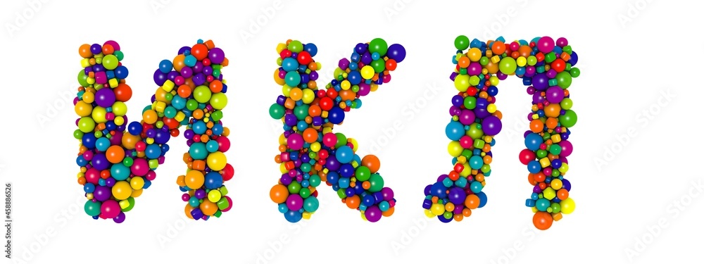Multicolored russian alphabet letters I K L. Funny 3D illustration. Glossy multicolored decorative balls text.