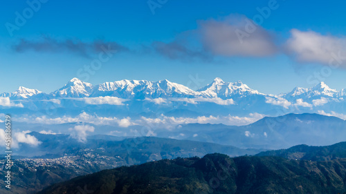 Distant view of the majestic Himalayan range from KMVN Mukteshwar, Tourist Rest House, Uttarakhand