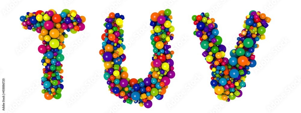 Multicolored letters T U V. Funny 3D illustration. Glossy multicolored decorative balls text.
