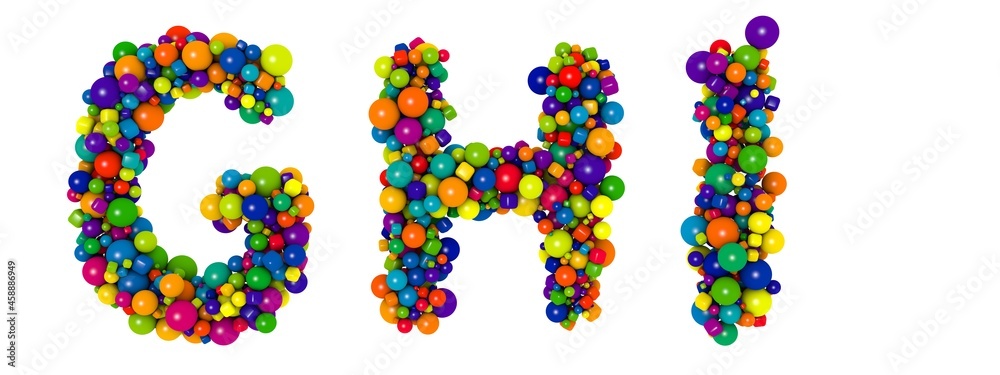 Multicolored letters G H I. Funny 3D illustration. Glossy multicolored decorative balls text.