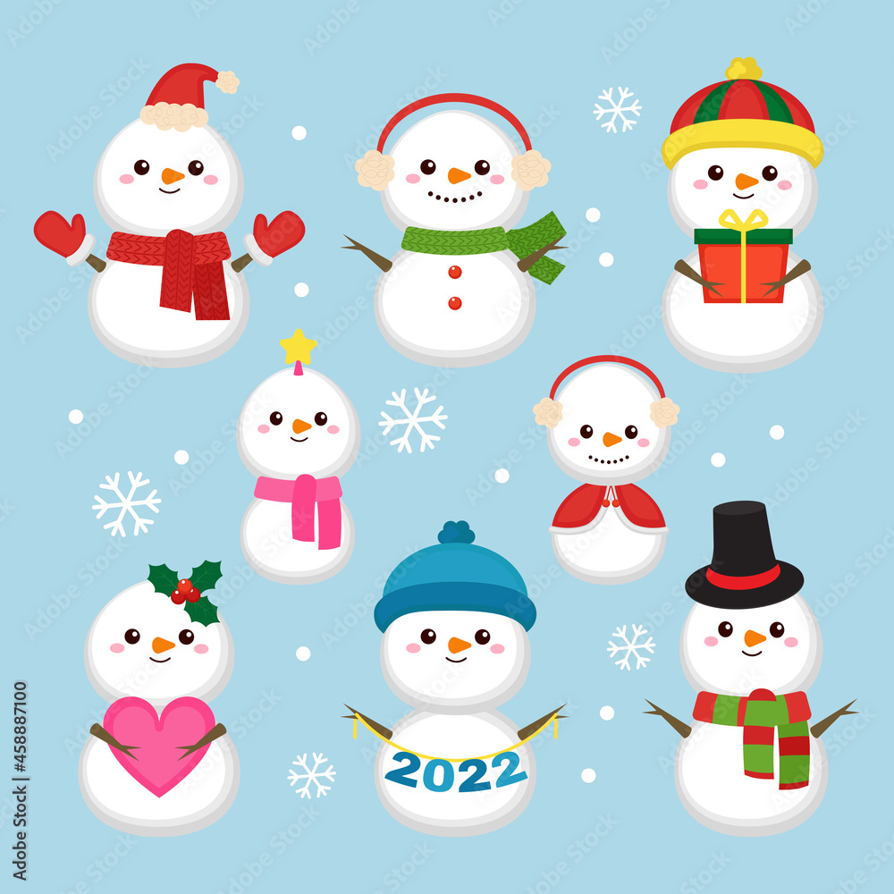 Cute Christmas snowman character collection set. Flat vector cartoon design