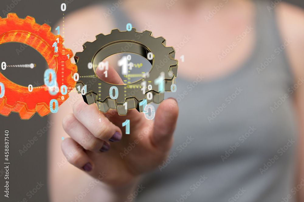 Man draws gears on virtual screen. Blurred Abstract engine room.. Man draws gears on virtual screen. Blurred Abstract engine room..