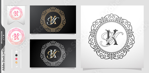 set of vintage labels and badges, Set of label initial KY or YK letter, Circle gold frame border with ornament pattern. applicable for letterpress, embroidery, invitation wedding monogram, and sign