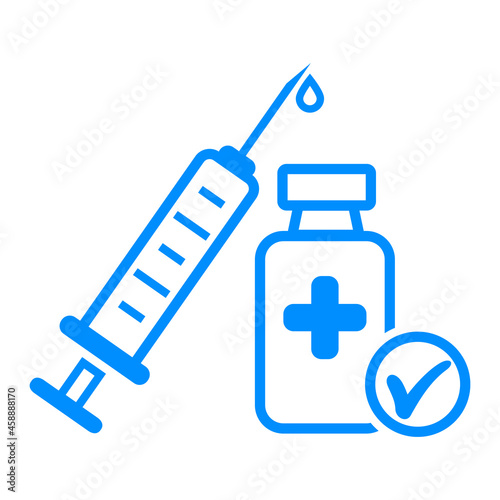 Vaccine icon drawing in outline style. Contour syringe sign with needle and medication.