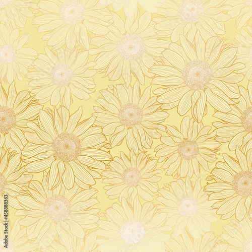 Vector seamless pattern of chamomile flowers in light yellow pastel colors with bronze outline. Decorative print for wallpaper, wrapping, textile, fashion fabric or other printable covers.