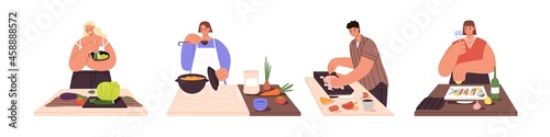Set of people cooking meals at home kitchen. Happy man and woman preparing food for dinner. Person cook homemade dishes from vegetables and meat. Flat vector illustrations isolated on white background