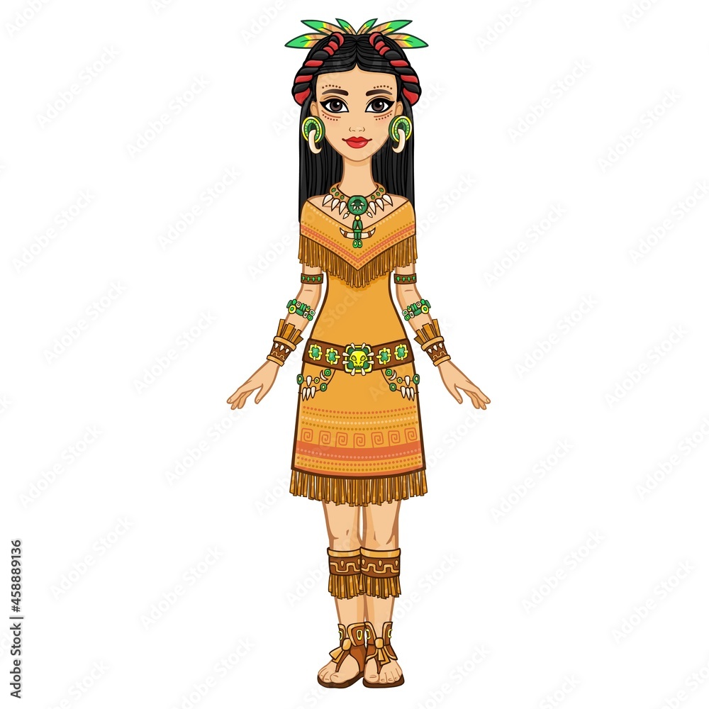 Animation portrait of the beautiful girl in a dress of the Native American Indian. Full growth. Vector illustration isolated on a white background.
