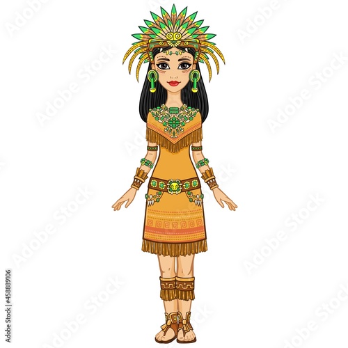 Animation portrait of the beautiful girl in a dress of the Native American Indian. Full growth. Vector illustration isolated on a white background.