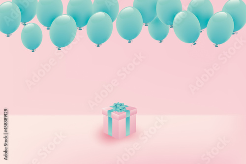 パステルカラーの風船とプレゼントボックス
