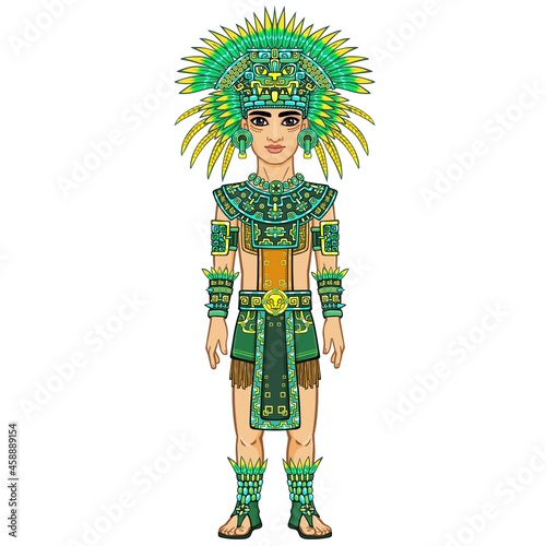  Animation portrait of the man  in a dress of the Native American Indian. Full growth. Vector illustration isolated on a white background.