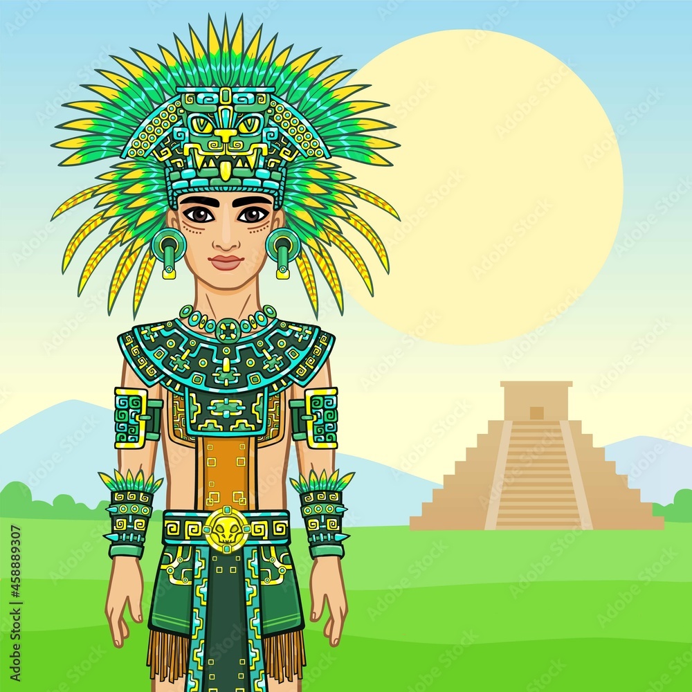 Animation portrait of the young man in a dress of the Native American Indian. Background - a summer landscape, an ancient pyramid. Vector illustration. Animation portrait of the young man in a dress of the Native American Indian. Background - a summer landscape, an ancient pyramid. Vector illustration.