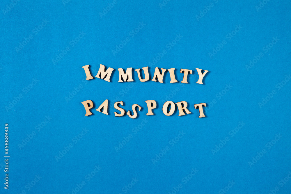 Immunity passport certificate Coronavirus Covid-19 to stop lockdown, after vaccination or treatment against virus pandemy. Concept flat lay design for banner or blog.