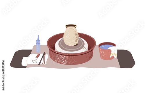Potter's wheel with clay pot and tools around. Workplace with ceramic vase and equipment in workshop for pottery handicraft. Earthenware crockery. Flat vector illustration isolated on white background