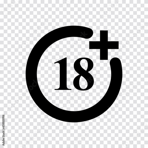 Adults only symbol. Vector illustration of black and white circle sign with text '18+'. Age warning symbol isolated on transparent background. Forbidden for people under age 18. Censorship concept.