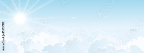 Blue sky with white fluffy cloud in sunny day Spring,Bright light from the sun shining through the clouds in the sky on Summer,Beautiful natural horizon banner for Springtime and Summertime background