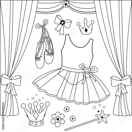 Ballet stage and dance accessories. Vector black and white coloring page.