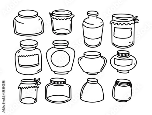Hand drawn black color line art jars set. Vector illustration elements.