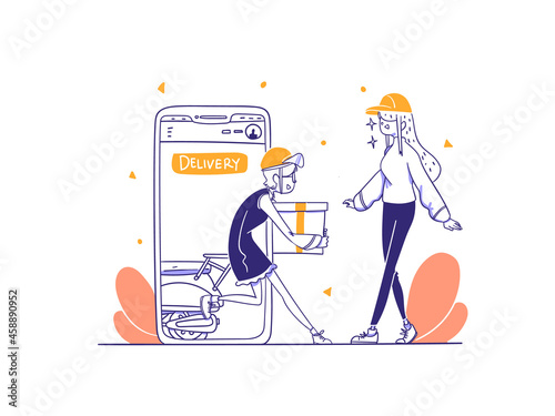 Online Shop Courier deliver item with motorcycle concept Illustration in Outline Hand Drawn Design Style