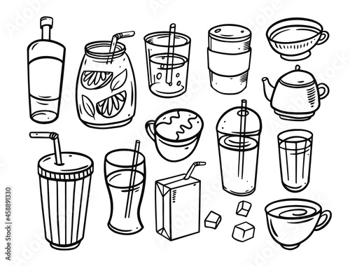 Hand drawn drinks doodle elements set. Black color vector illustration.