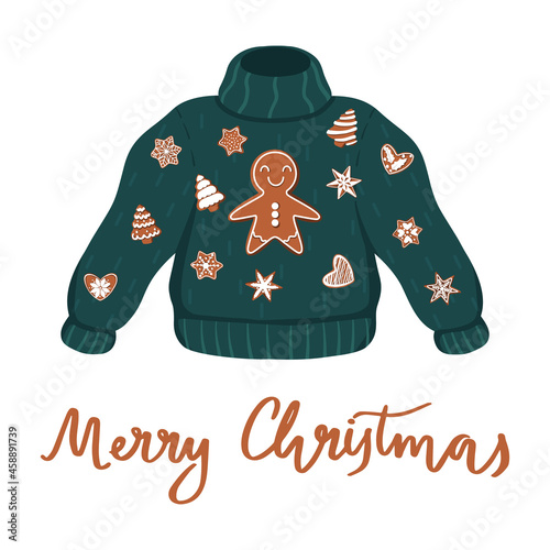 Vector bright green ugly sweater for Christmas party with gingerbread cookie, snowflakes, and fir-trees ornaments. Isolated with hand-drawn lettering with Xmas tacky jumper.