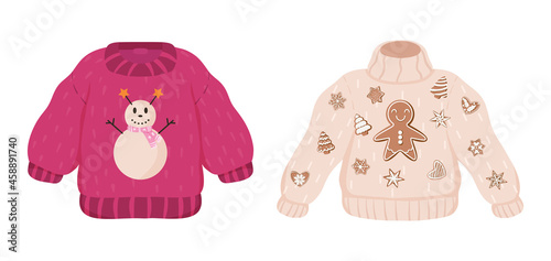 Vector ugly sweaters set for Christmas party. Xmas jumpers with snowman and gingerbread man cookie ornament. Isolated illustration.