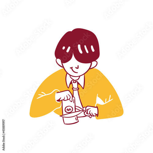 business finance man doing tax cut money scissor Icon Illustration in Outline Hand Drawn Design Style