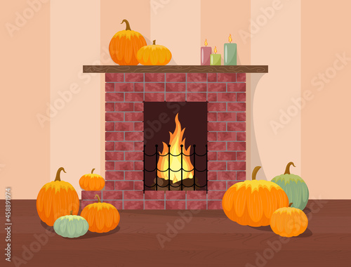 Fireplace and pumpkins. Cozy home in autumn. Harvesting concept. Pumpkin composition next to brick hearth. Vector illustration