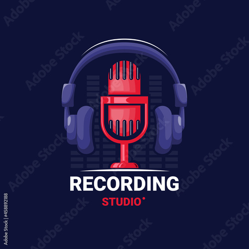 Recording studio logo template with headphones and micro. Vector logotype.