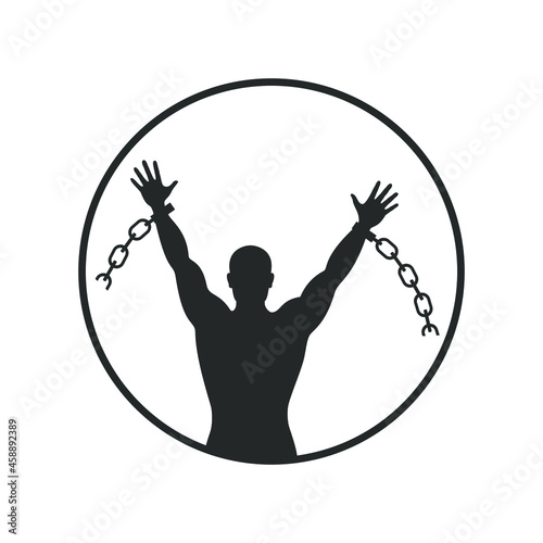 Man who became free. Graphic sign liberated man which broken chain. Freedom symbol. Vector illustration