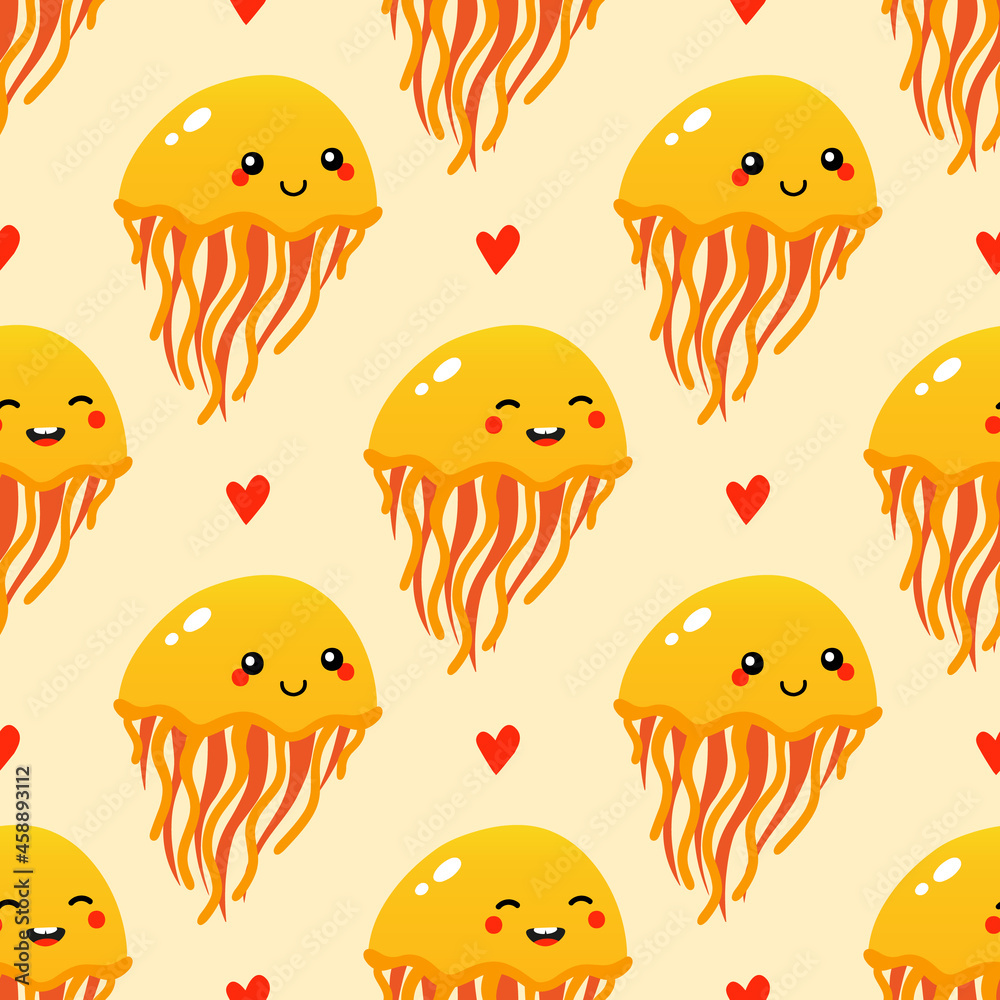 Cute happy cartoon style yellow jellyfish characters and red hearts vector seamless pattern background for sea life design.