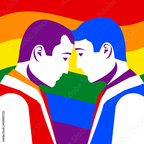 Two homosexuals bowed heads in a kiss. Same-sex marriage. People homosexuality. Male gay couple on background of the rainbow flag. Vector illustration flat design. Happy gay couple.