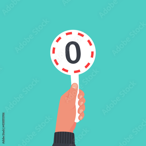 Score card 0. Number table. Digit rating on a scorecard. Human hand holding score card. Colored scorecards. Juries assessment on competition. Judges hold score. Vector design. Isolated on background.