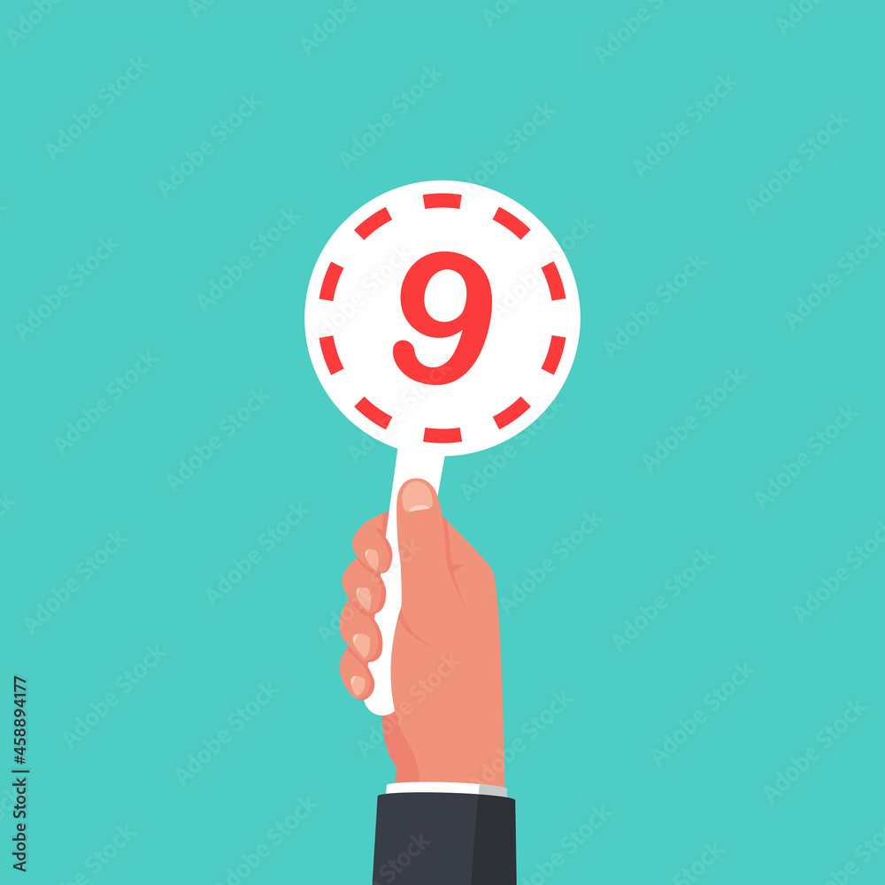 Score card 9. Number table. Digit rating on a scorecard. Human hand holding score card. Colored scorecards. Juries assessment on competition. Judges hold score. Vector design. Isolated on background. Score card 9. Number table. Digit rating on a scorecard. Human hand holding score card. Colored scorecards. Juries assessment on competition. Judges hold score. Vector design. Isolated on background.