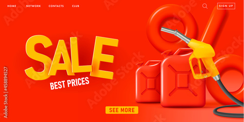 Sale Poster for gas station with fuelling nozzel and oil canisters, big percent sign and 3d typography