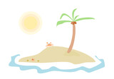 Island in sea with coconut tree kid drawing flat vector.