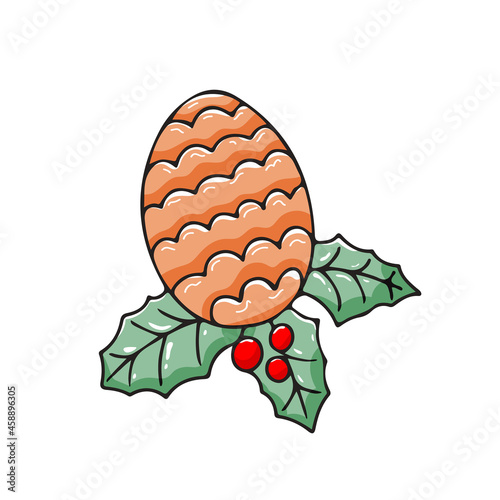 Christmas fir cone with holly leaves and berries. Icon isolated on white background. Vector multicolored doodle illustration in hand drawn style.