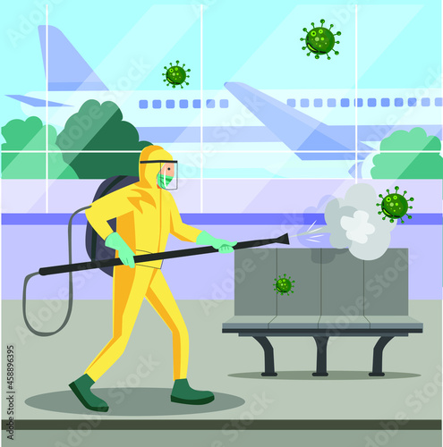 Vector illustration of a coronary injection (Covid-19) personnel sterilizing spray inside the airport.