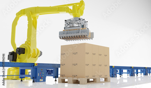 Handling robot is picking cartons from conveyor to pallet on white background.