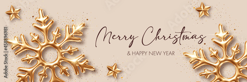 Christmas background with three dimensional golden snowflakes. Design element for greeting card