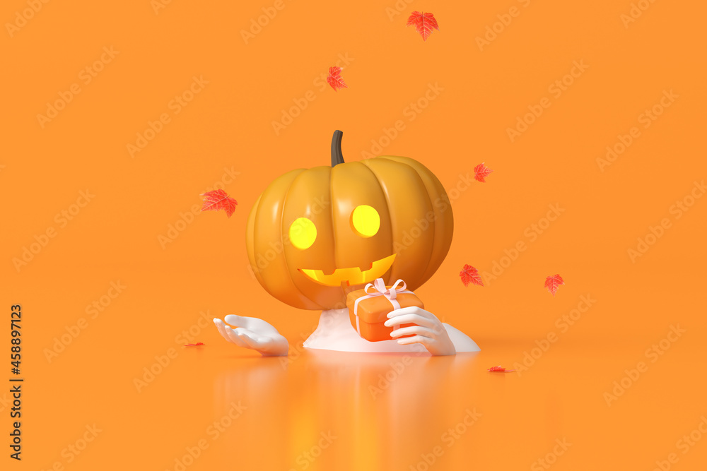 3d rendering of Halloween pumpkin head on human sculpture body is holding a gift box.