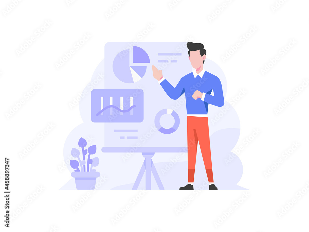 Vector Illustration Business employer doing presentation graph chart talk discussion teamwork people character flat design style