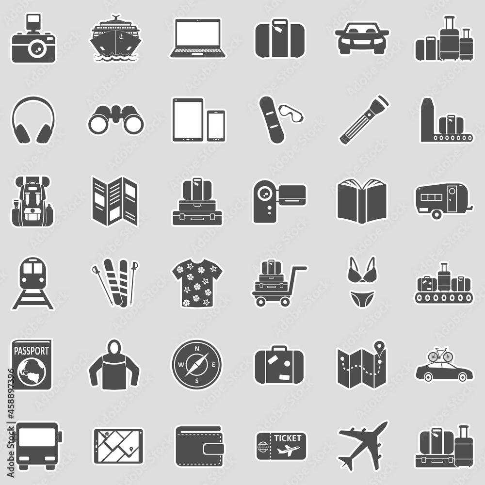 Travel Tools Icons. Sticker Design. Vector Illustration. Travel Tools Icons. Sticker Design. Vector Illustration.
